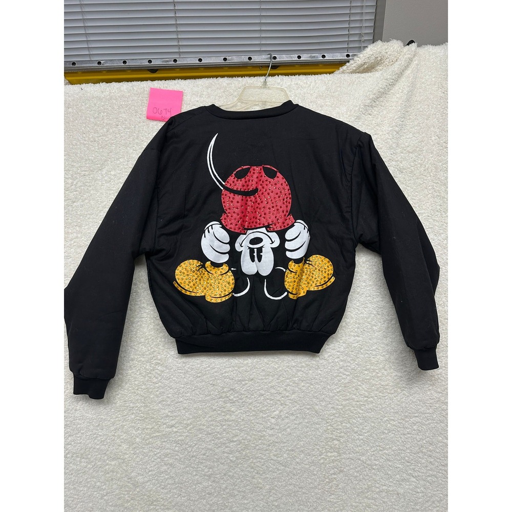 Vintage Mickey & Co Disney Sequin Bomber Jacket Black Full Zip Womens Small